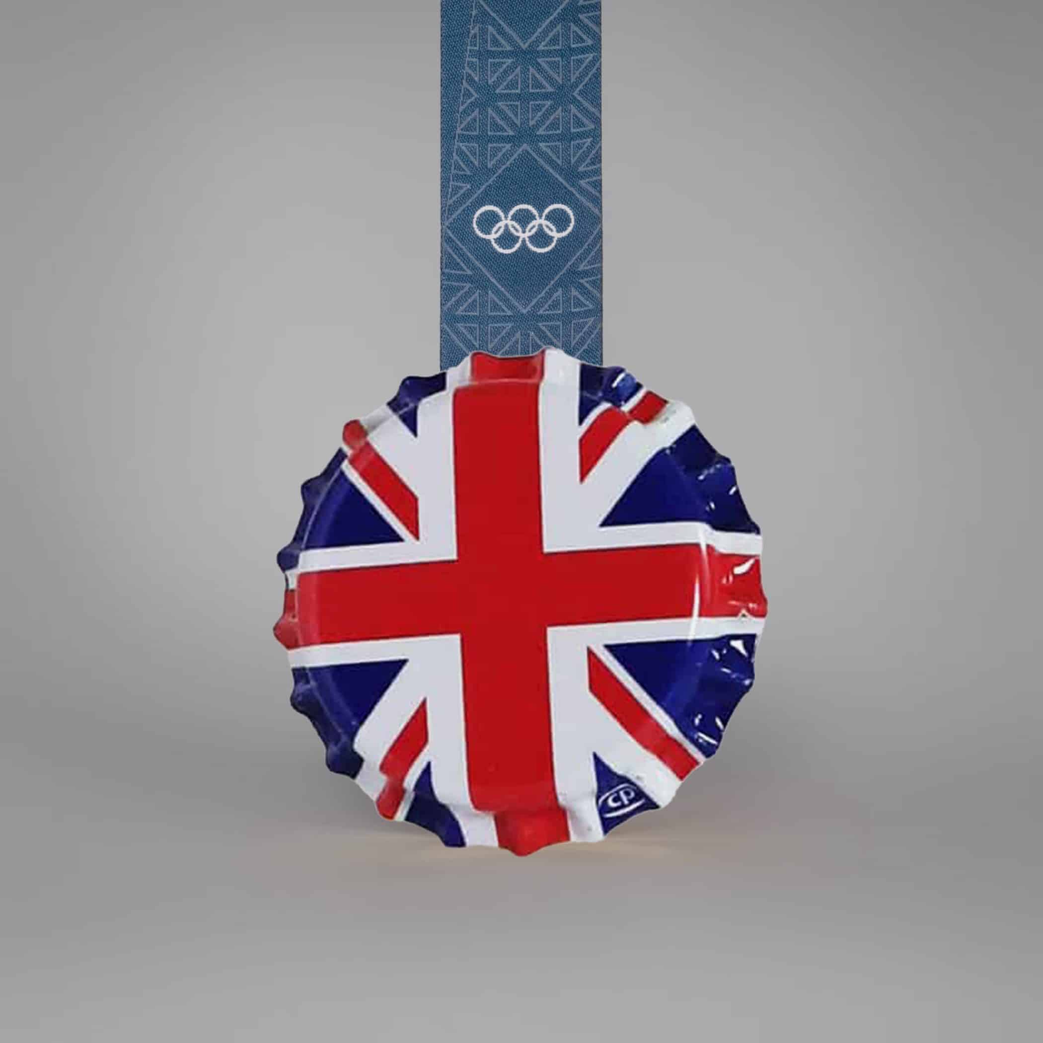 union flag beer crown on an Olympic medal necklace.