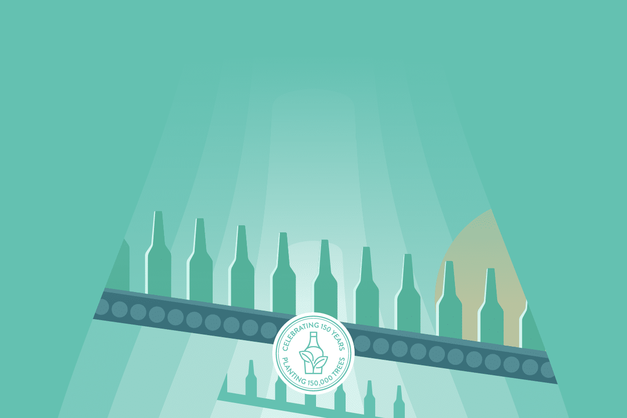 A teal graphic of bottles on a conveyor belt with a circular emblem reading 'Celebrating 150 Years Planting 150,000 Trees.