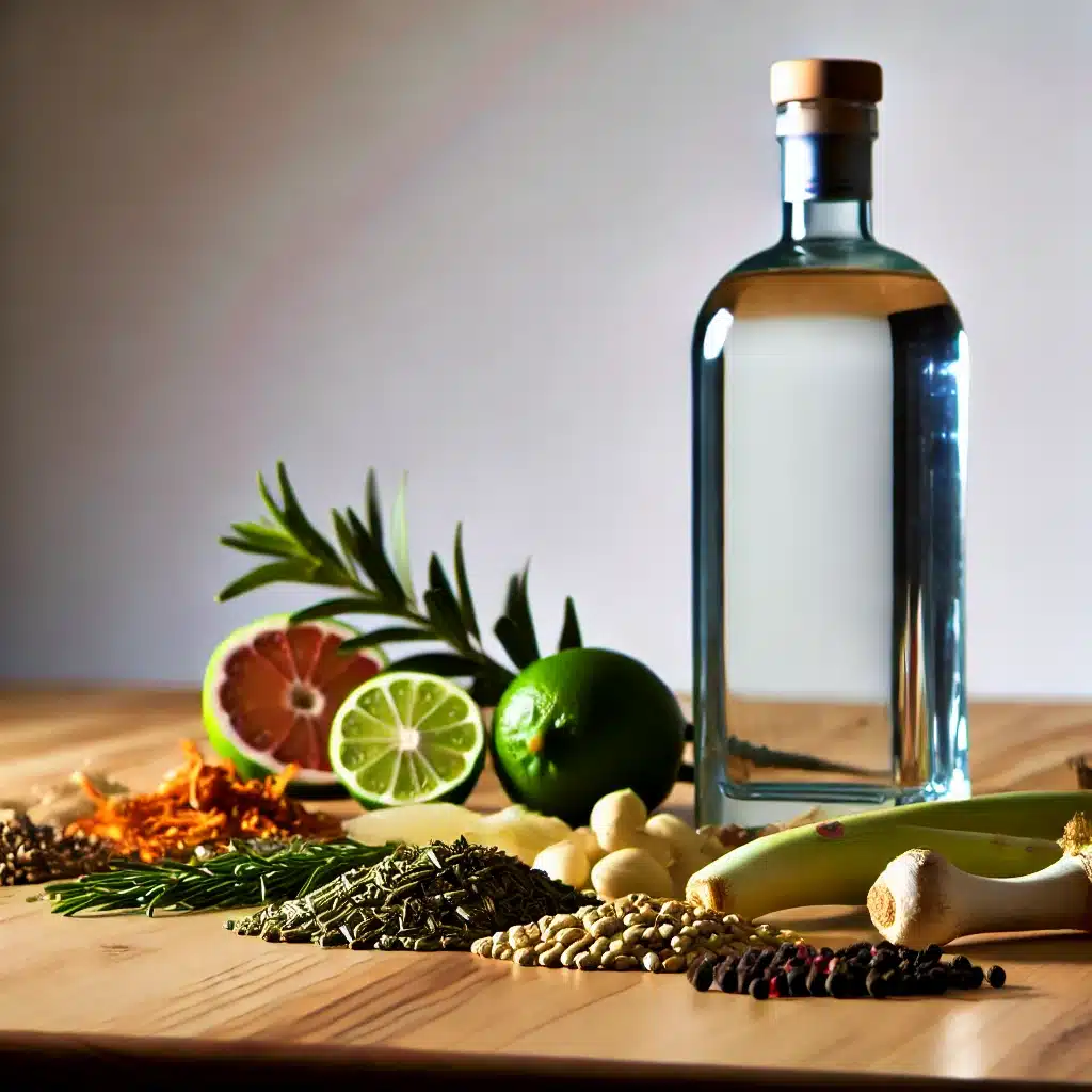 A bottle of gin on a table surrounded by a variety of ingredients used for gin production.