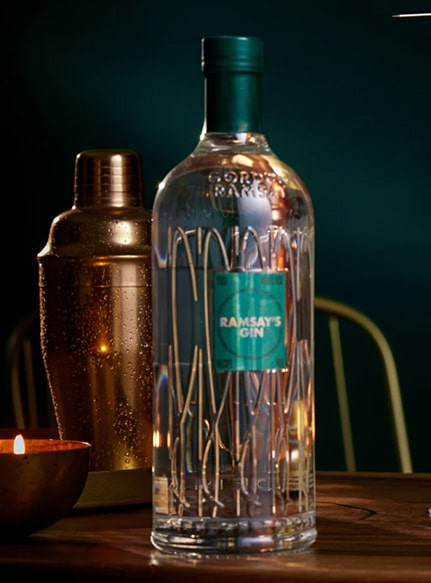 Embossed spirits bottle with 'Ramsay's Gin' on a green label