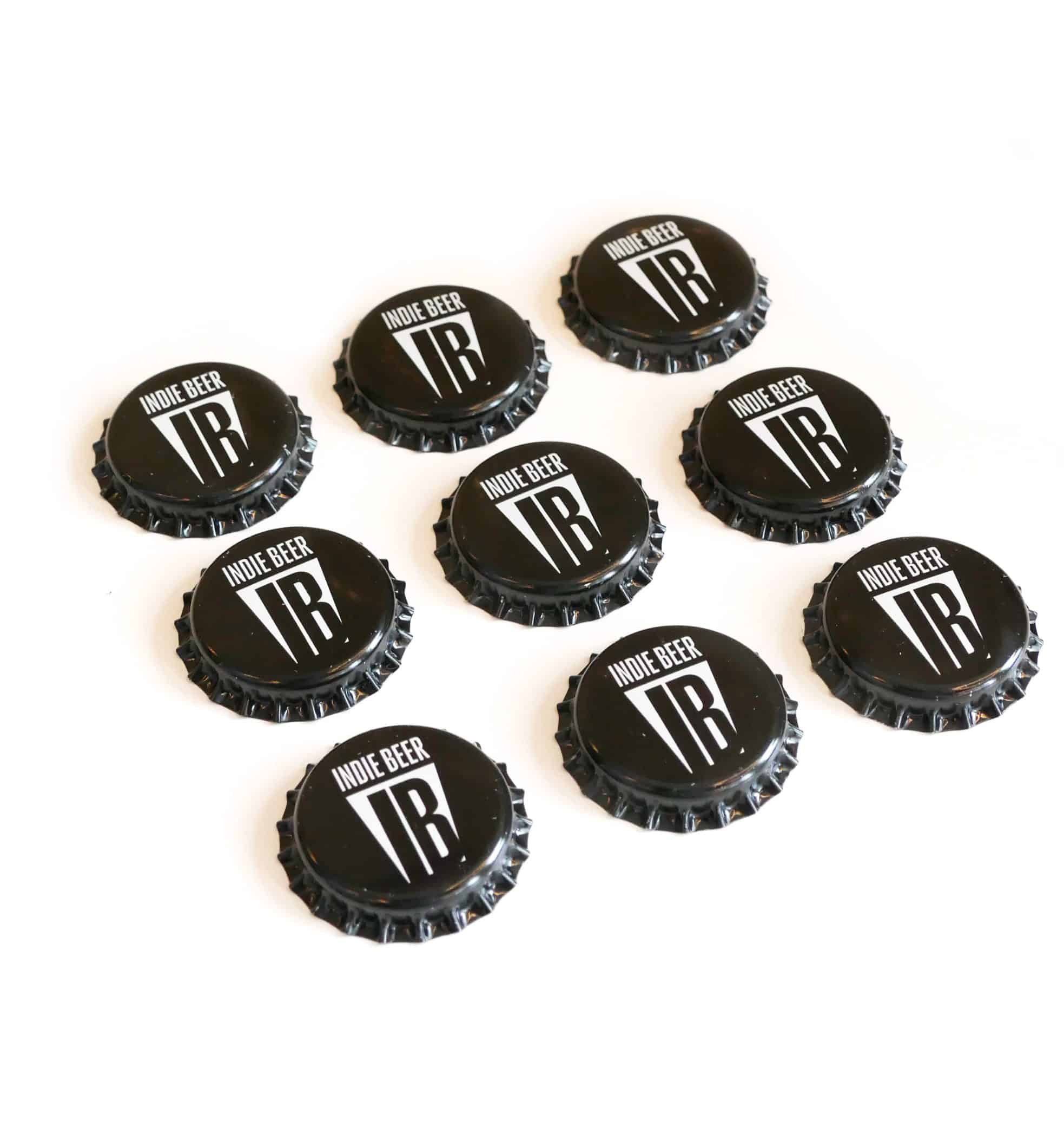 3x3 grid of Indie Beer crown corks - black crown with 'IB' logo printed on top.