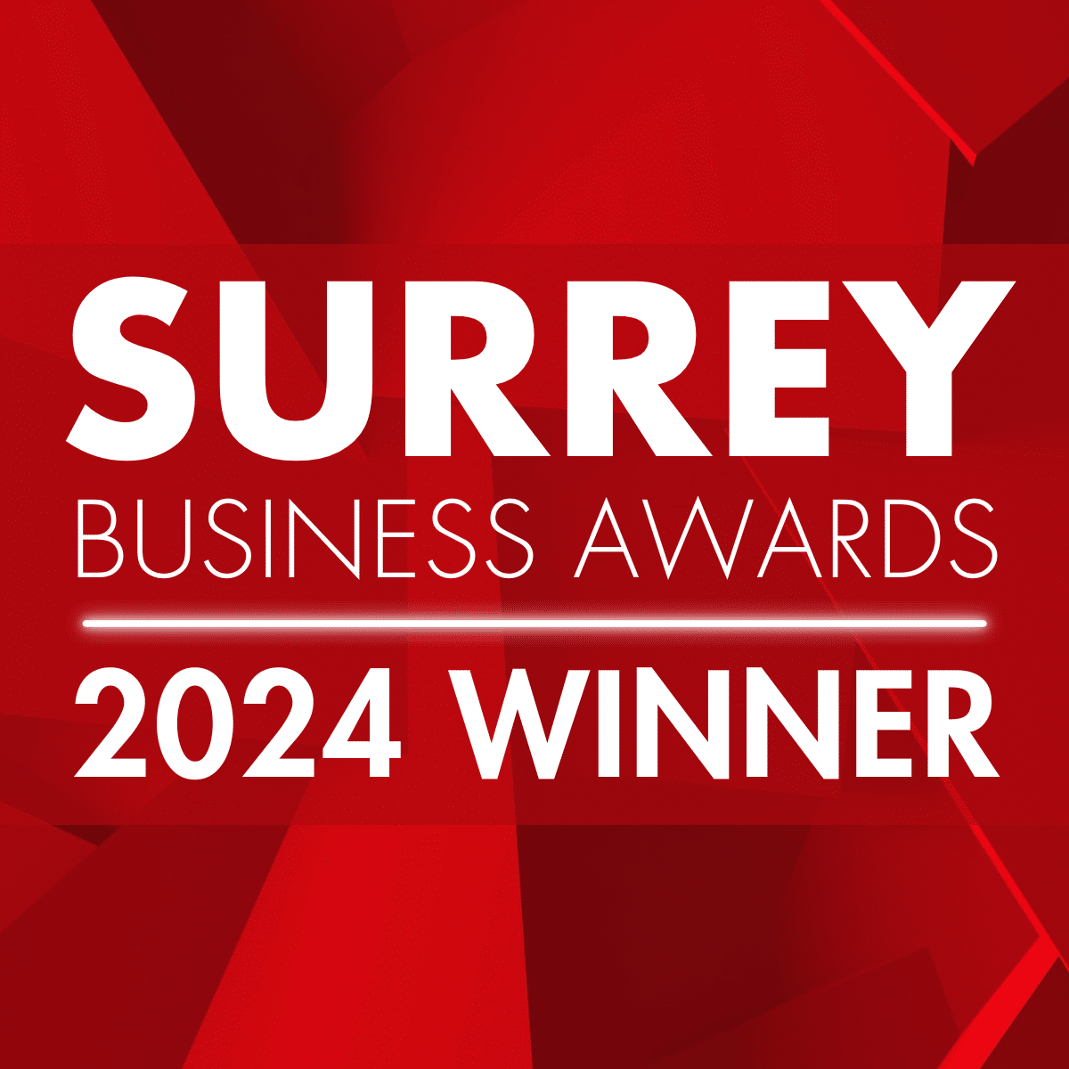 Red square with "Surrey Business Awards 2024 Winner" in text