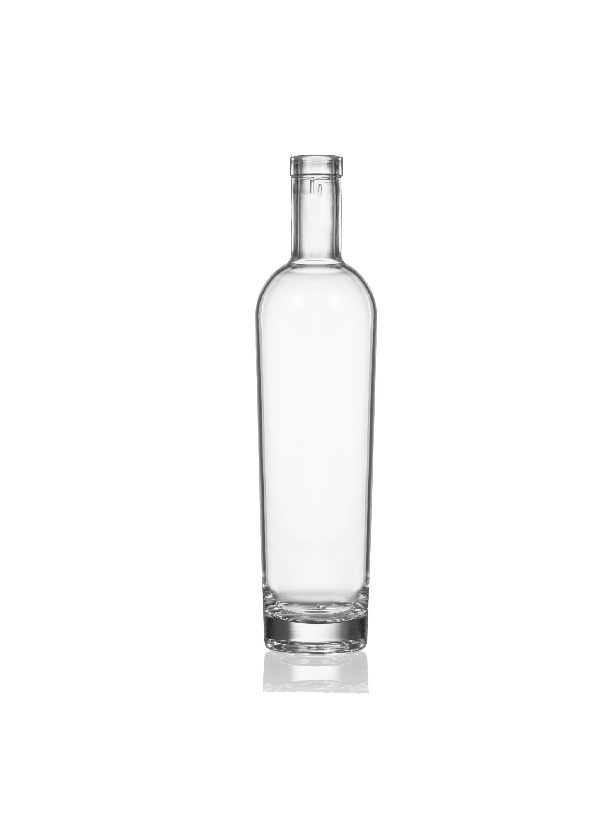 Dione spirit bottle. Long slender body and neck on a white background.